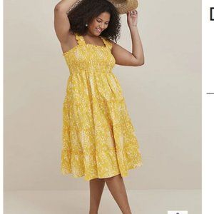 Torrid Smocked Tiered Midi Dress Poplin Leopard Yellow